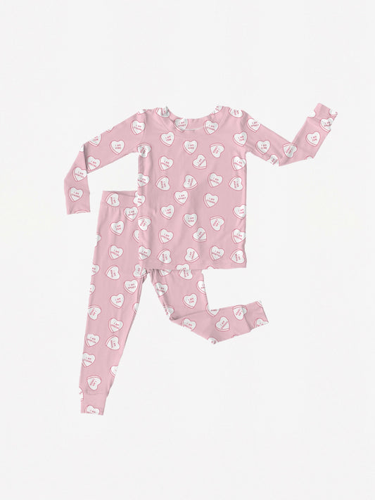 Affirmation Conversation Hearts Bamboo Pajama Set - Pink