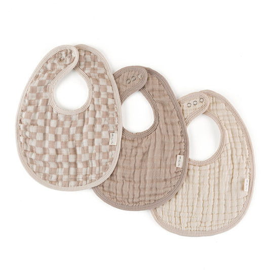 Muslin Bibs - 3 Pack Taupe Checkerboard