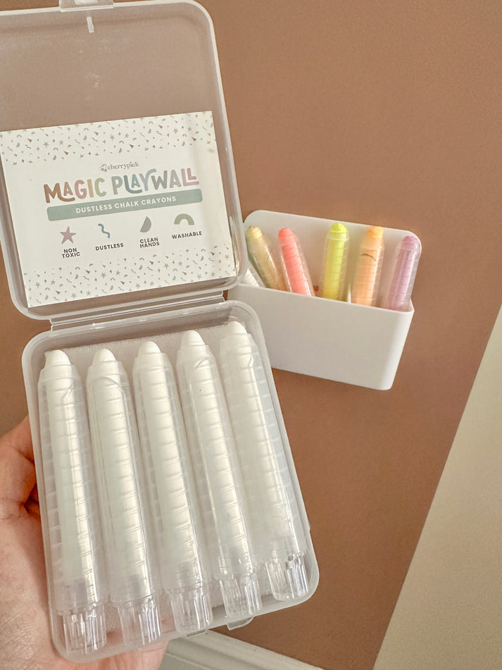 Dustless Chalk Crayons + Magnetic Holder Bundle for Magic Playwall - White