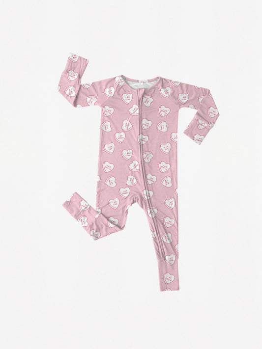 Affirmation Conversation Hearts Bamboo Pajama Romper - Pink